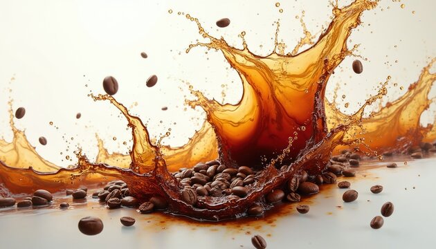 Dark coffee splash with roasted beans flying in air. Hot liquid breaks in motion with many droplets. Fresh brew with arabica seeds. Energetic morning drink.