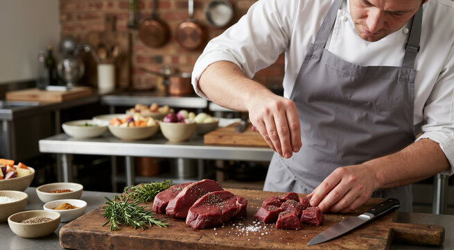 Professional male chef seasoning raw alpaca meat on a wooden cutting board. Cook preparing steaks and diced red meat in a commercial restaurant kitchen