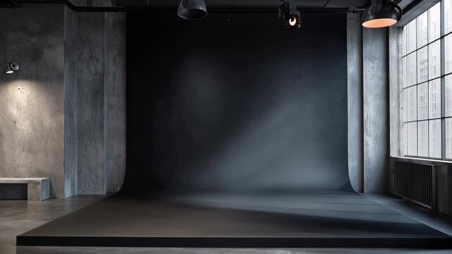 Empty studio space with large windows and industrial design setup for events and presentations in a city location during daytime