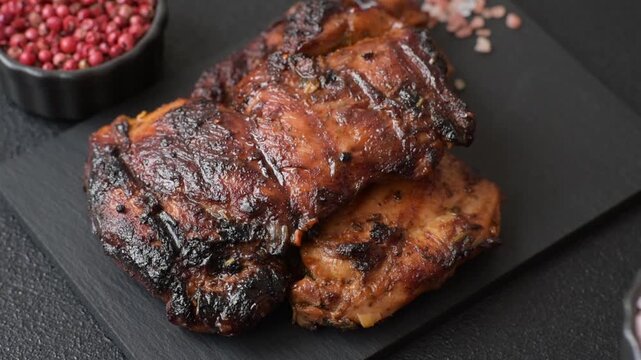 Chicken or turkey, poultry breast baked on the grill or barbecue. Grilled chicken as a food background for your design
