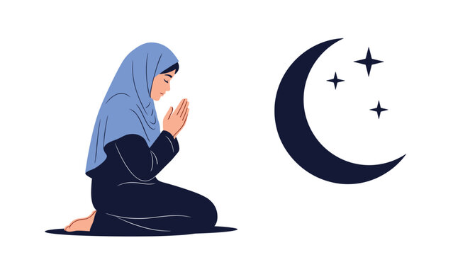 Devout Muslim woman in a blue hijab kneeling and praying peacefully next to a large crescent moon and stars in the night sky.