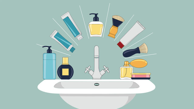 Modern bathroom sink vanity area with an array of shaving brushes, creams, toothpastes, and lotions displayed in a semicircular arc.