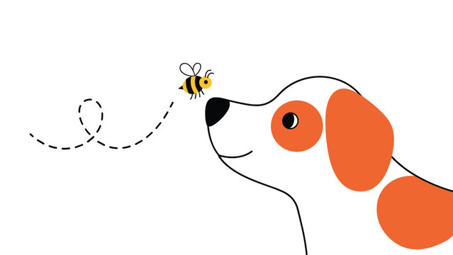 Sweet and simple illustration of a white dog with orange spots curiously looking at a small bumblebee flying near its nose.