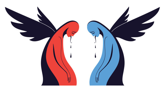 Poetic illustration of two stylized red and blue angels with large dark wings facing each other and shedding tears of sorrow.