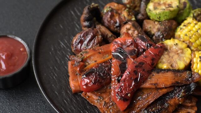Vegetables such as corn, bell peppers, zucchini, and mushrooms grilled or barbecued, along with salt and spices for the dinner table. Grilled vegetables as a food background for your design