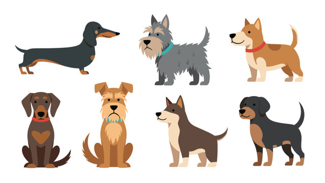 Large collection of different dog breeds including dachshund, terrier, and pinscher in standing and sitting poses.