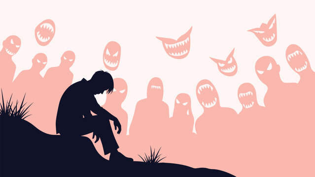 Dark silhouette of a depressed person sitting alone on a hill while being surrounded by many floating pink scary monster faces.