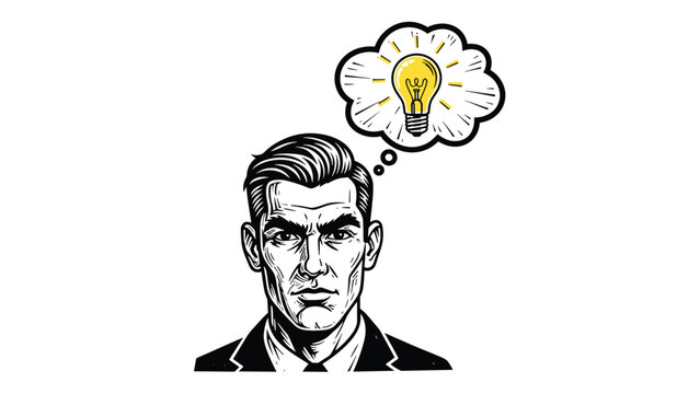 Serious looking man in a business suit having a bright idea represented by a glowing yellow light bulb inside a thought cloud.