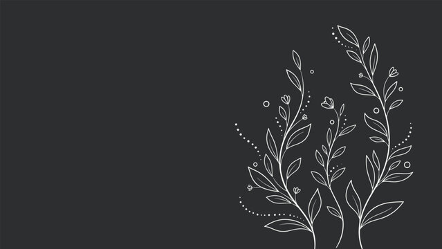 Elegant white line drawing of delicate flower branches with small leaves and blossoms on a solid dark charcoal background.