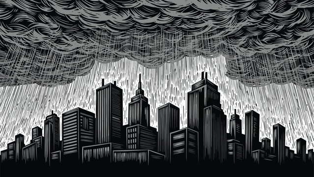 Dramatic black and white woodcut style illustration of a large city skyline being hit by heavy falling rain under dark stormy clouds.