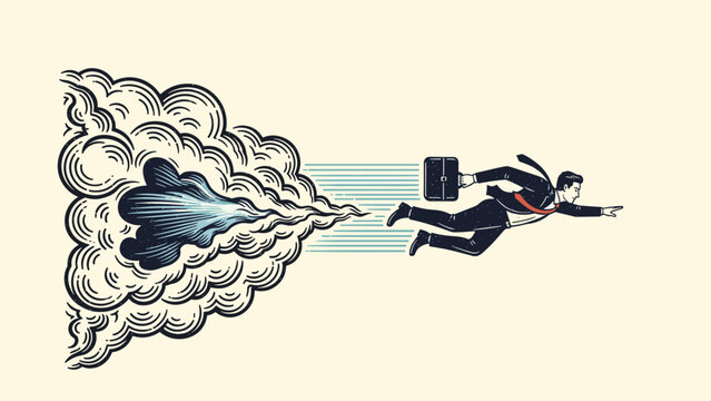 Dynamic illustration of a businessman flying through the sky like a rocket propelled by a large plume of smoke and exhaust.