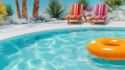Obraz premium A bright summer pool with an inflatable ring and sun loungers in a tropical atmosphere.