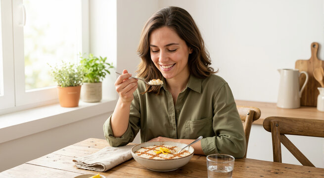 Smiling young woman eating traditional Portuguese arroz doce in a bright kitchen. Happy female enjoying a bowl of sweet creamy rice pudding decorated with cinnamon and lemon