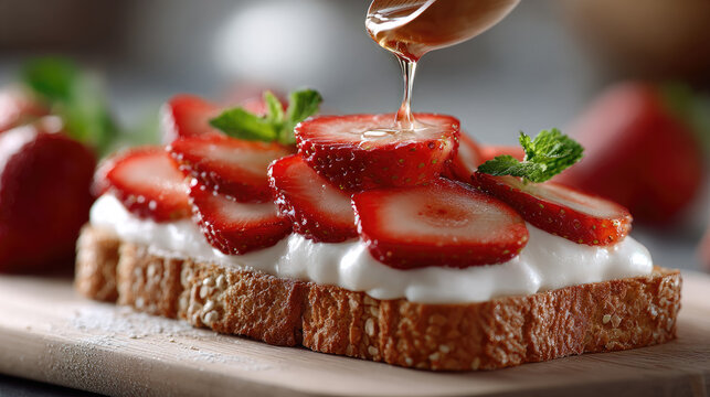 Fresh strawberry fruit sando with thick whipped cream and mint on toasted bread, drizzling honey creating a luscious and inviting gourmet dessert experience