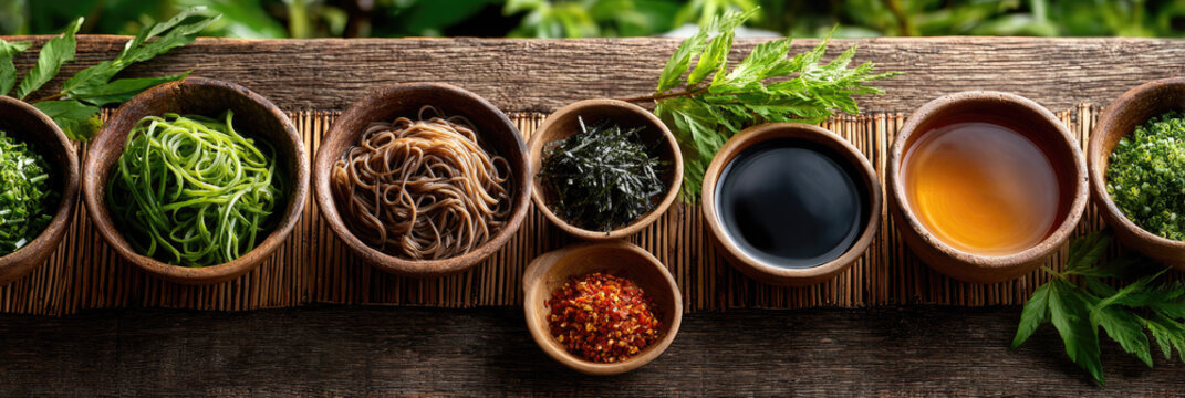 Assortment of fresh Japanese ingredients for cold tsukemen, soba and green noodles, nori, chili flakes, soy sauce and dashi broth in wooden bowls on a bamboo mat