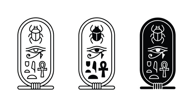 Egyptian Cartouche Icons, Hieroglyph Symbols, Scarab Beetle, Eye of Horus, Ankh, Ancient Egypt Vector Art
