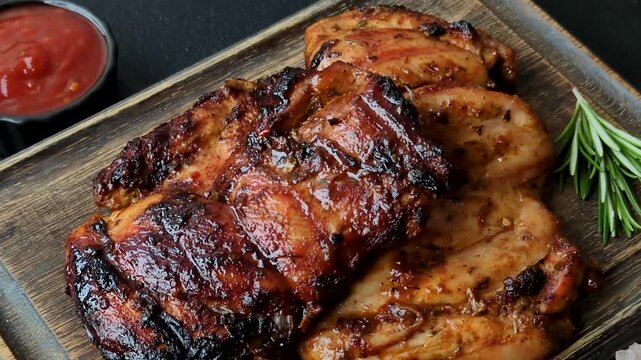 Chicken or turkey, poultry breast baked on the grill or barbecue. Grilled chicken as a food background for your design