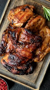 Chicken or turkey, poultry breast baked on the grill or barbecue. Grilled chicken as a food background for your design