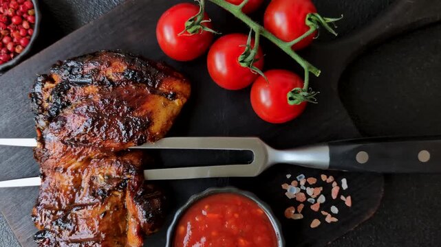 Chicken or turkey, poultry breast baked on the grill or barbecue. Grilled chicken as a food background for your design