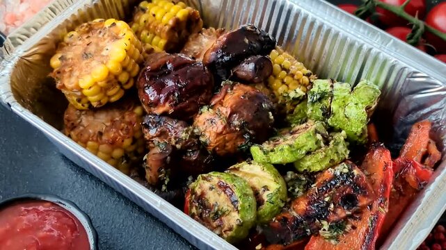 Vegetables such as corn, bell peppers, zucchini, and mushrooms grilled or barbecued, along with salt and spices for the dinner table. Grilled vegetables as a food background for your design