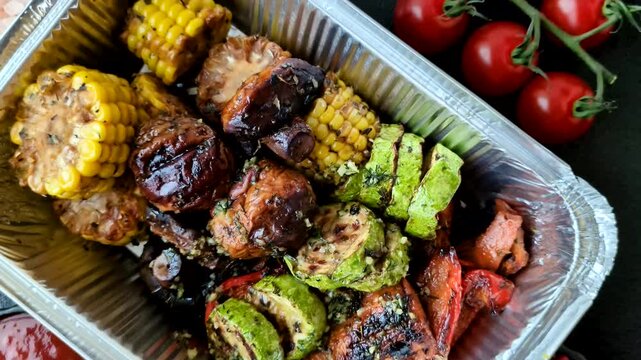 Vegetables such as corn, bell peppers, zucchini, and mushrooms grilled or barbecued, along with salt and spices for the dinner table. Grilled vegetables as a food background for your design