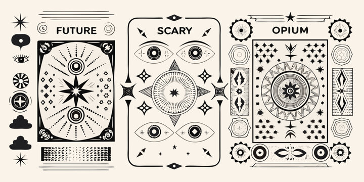 retro futuristic icons and symbols hand drawn style white background