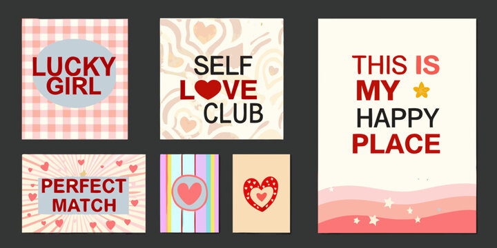 illustrated greeting cards collection with romantic messages and pastel colors