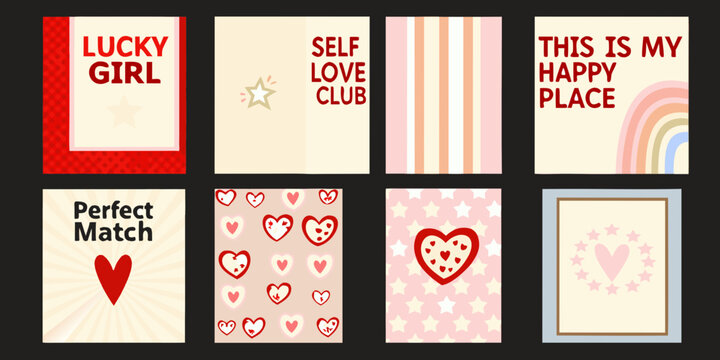 Collection of illustrated greeting cards with romantic and positive messages