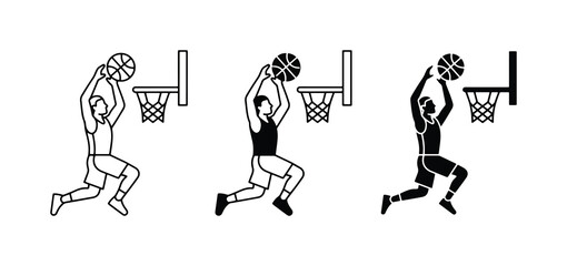 Basketball Player Dunking, Dynamic Sports Action, Silhouette and Outline Vector Icons © Mahir