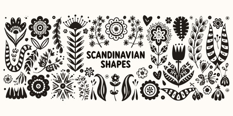 scandinavian folk art floral silhouettes on white background © Nayon