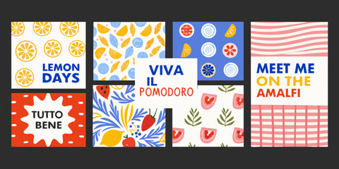 Italian summer food posters with lemon tomato and gingham patterns © Nayon