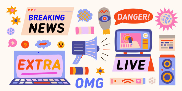 News media collage with breaking news and live broadcast elements vector illustration