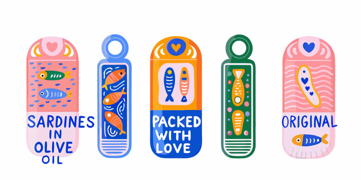 Canned seafood packaging designs playful illustrations with fish and text