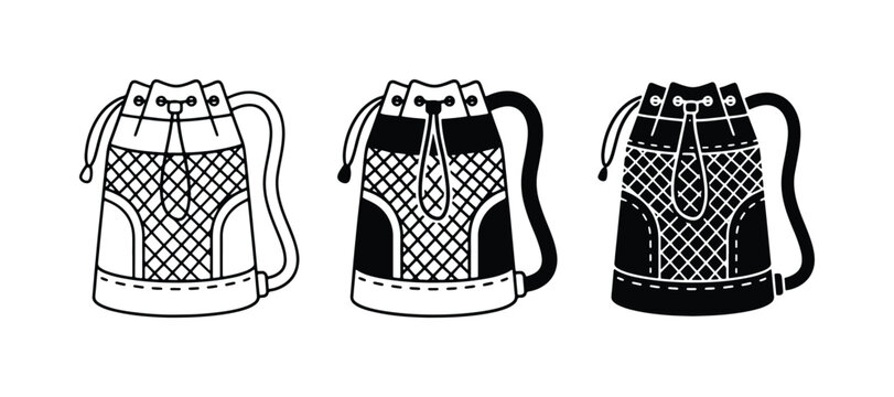 Drawstring Backpack Icons, Set of 3, Black and White, Vector Graphics for Fashion and Travel