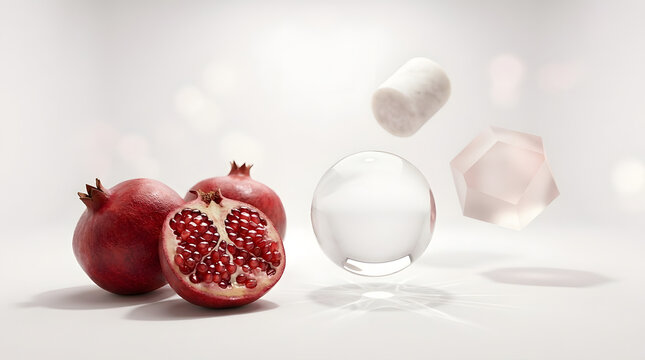 3d pomegranate fruit with geometric shapes on white studio background