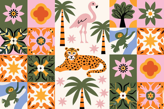 Tropical patchwork pattern with jungle animals and floral elements