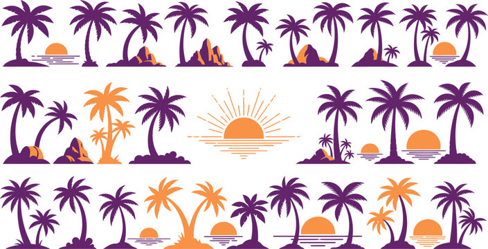 Collection of tropical palm tree silhouettes at sunset in various arrangements