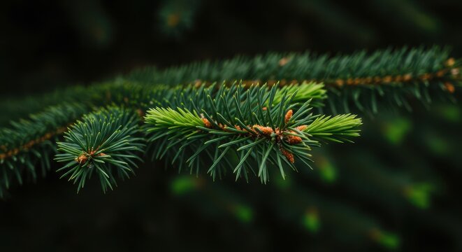 Detailed close-up of vibrant green spruce needles and tiny brown cones on a forest tree branch, highlighting natural textures and evergreen growth, forest, close-up, botany