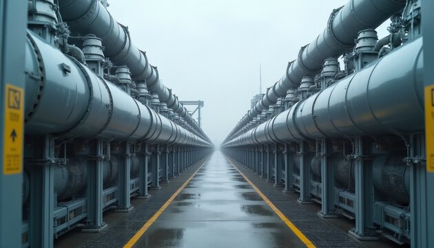 Rows of industrial generators, exhaust pipes create powerful scene of data center infrastructure. Massive pipes stretch into distance under foggy sky. Advanced tech facility serious power generation