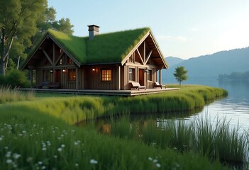 Obraz premium Charming Scandinavian Timber House with Grass Roof Overlooking a Tranquil Lake