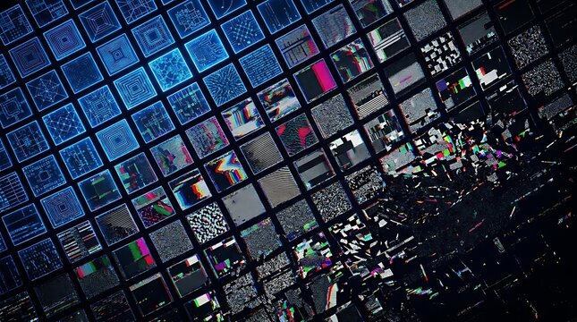 Abstract close-up of a digital screen or mosaic with varied colorful images abstract colorful
