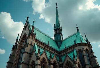 Obraz premium Copper Roofed Cathedral with Green Patina Under Dramatic Cloudy Sky Unique Gothic Architecture