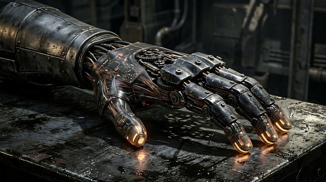Robotic hand with metallic fingers glowing at the tips on a workbench mechanical metallic workbench.