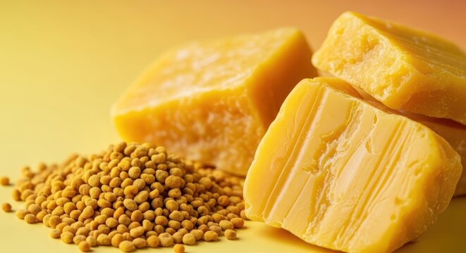 Raw ingredients: close up view of golden bee pollen granules next to blocks of natural yellow beeswax, wellness, healthy, supplement