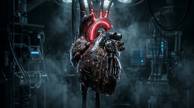 Close-up of a mechanical heart with glowing red arteries in a dark laboratory mechanical arteries
