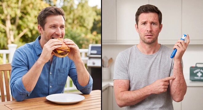 Before and after Lone Star Tick bite: healthy man eating burger vs allergic reaction with hives and epipen split screen