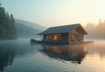 Fototapeta premium Enchanting Boathouse Nestled on Serene Lake at Dawn Ethereal Mist Reflections and Calm Waters