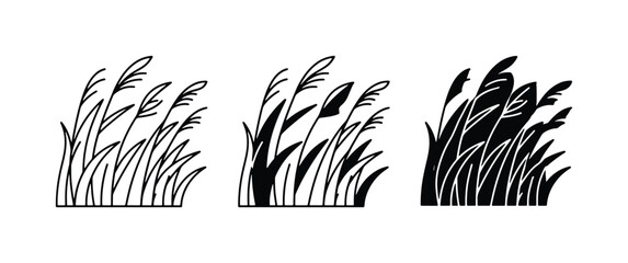 Windy Grass Icons, Reeds Blowing in Breeze, Nature Elements Set © Arman