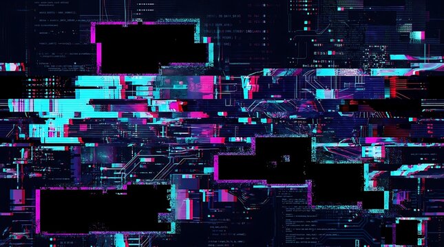 Abstract digital glitch with black rectangles and colorful distortion abstract distortion corruption.