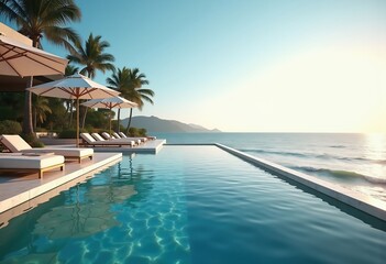 Fototapeta premium Infinity Pool Edge Overlooking Ocean Serenity Stunning West Facing Outdoor Villa Dreamscape